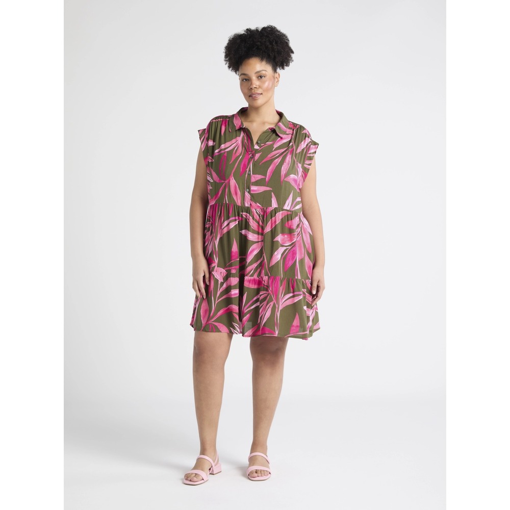 (A8) Terra & Sky Olive Pink Tropical Leaf Tiered Babydoll Mini Dress L‎ 12-14